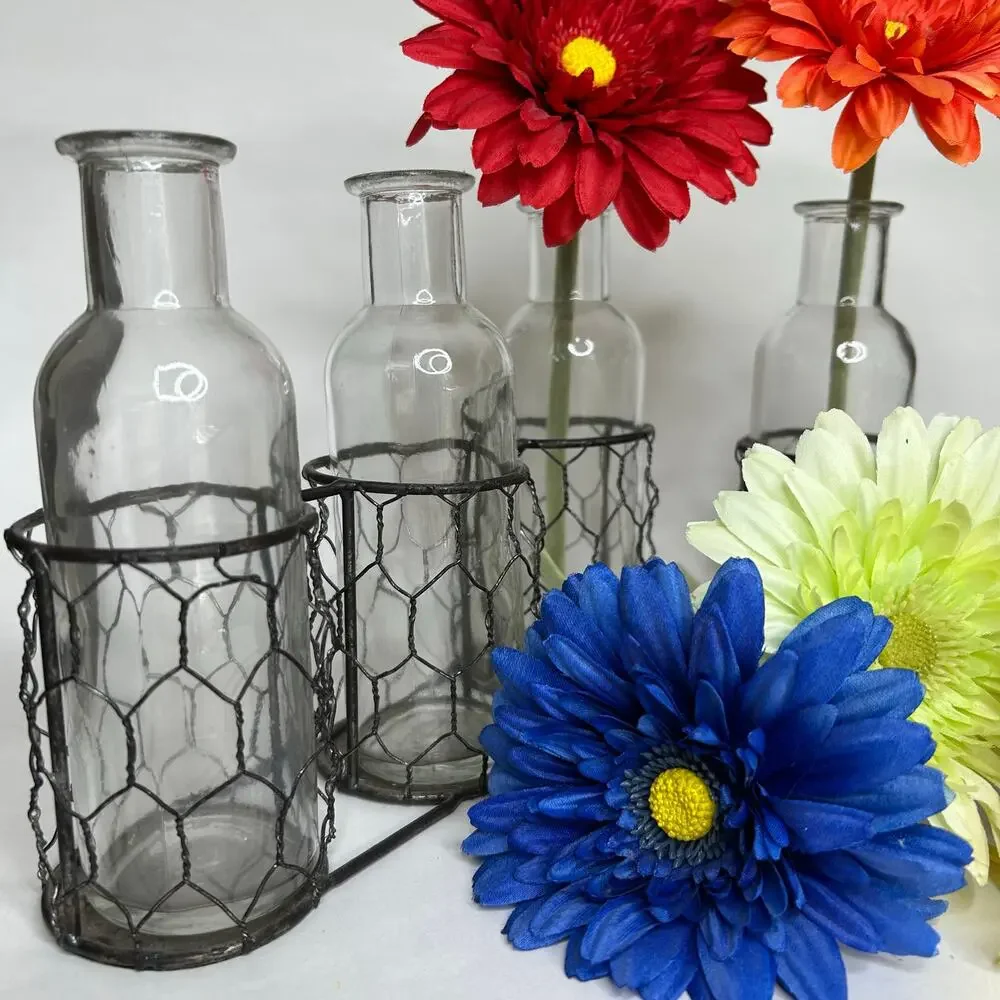 3 Glass Metal Vases-‎ set of 2 country cottage summer vases comes with flowers